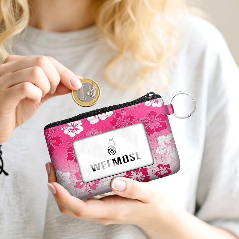 WEFMOSE Small Wallet Keychain with Clear ID Window Zipper Cute ID Case Coin Purse for Women Water Resistant Coin Pouch-Hawaiian Floral-Pink Keychain Wallet - Image 2